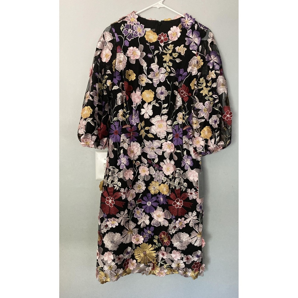 Teri Jon Rickie Freeman Dress Women 10 Floral Embroid. Applique Puff Sleeve  NWT